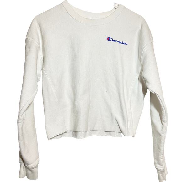 Champion Reverse Weave Sweatshirt Crewneck Logo Spellout White Cropped XSmall - Picture 1 of 4